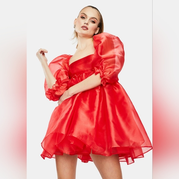 SELKIE Winter Red Puff Dress, Cute Viral Ruby Organza Princess Dress - Picture 3 of 12